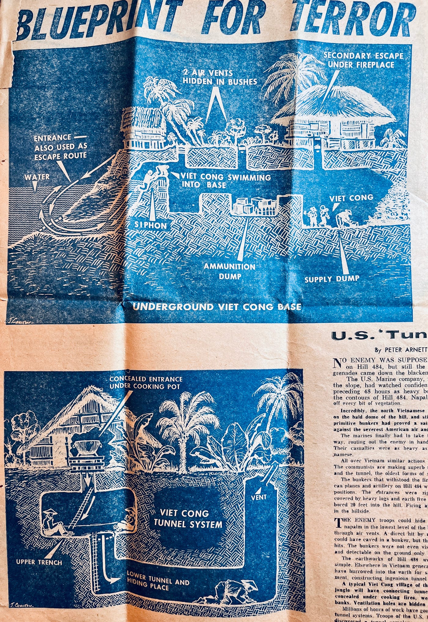 Newspaper article that my father (MAJ Tony Carbone) sent to me from Vietnam describing the complex underground Viet Con tunnel system.

Part of the autobiography of Dr. Anthony J. Carbone, Son in the Shadow of a Green Beret Hero.