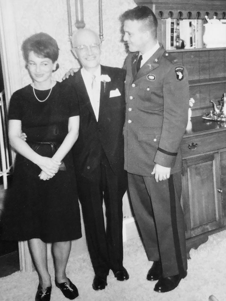My father wearing his paratrooper wings and 101st Airborne Division patch with his father and sister, Rosemarie. Fort Campbell, Kentucky.
Dr. Carbone’s Autobiography: A Son in the Shadow of a Green Beret Hero