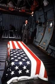 USAF C-141 Starlifter with troop jump seats  and flag-draped casket of service member.

Part of the autobiography of Dr. Anthony J. Carbone, Son in the Shadow of a Green Beret Hero.