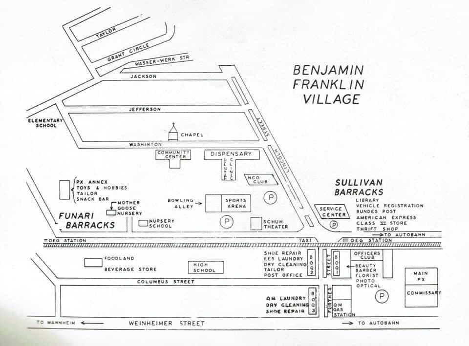 Benjamin Franklin Village map showing Sullivan and Funari Barracks.

Part of autobiography of Dr. Anthony J. Carbone, Son in the Shadow of a Green Beret Hero.