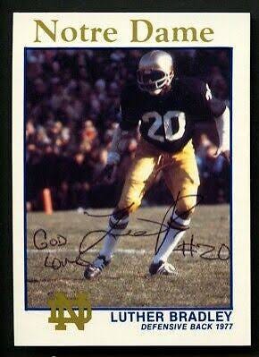 Luther Bradley #20 of the Fighting Irish football team.  Biography of Dr. Anthony J. Carbone.