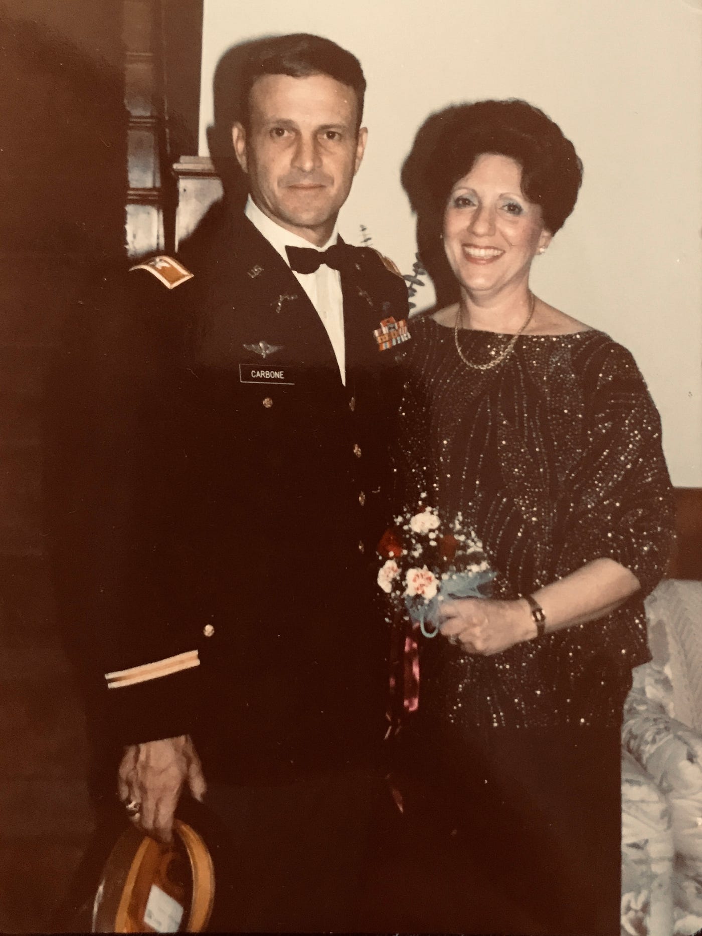 Dad (Colonel Tony Carbone) in his dress blue uniform and Mom (Edda Carbone) in an evening gown.

Part of the autobiography of Dr. Anthony J. Carbone, Son in the Shadow of a Green Beret Hero.