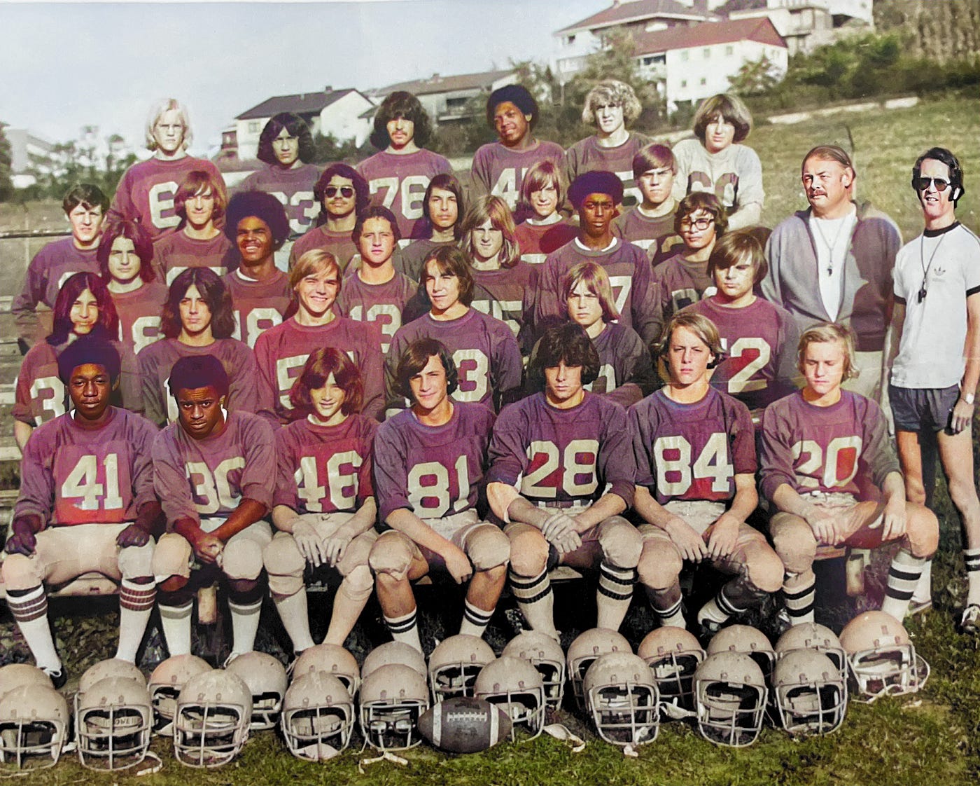 The 1976–1977 Bad Kreuznach Varsity Football Team and DoDDEUR European Champions. (I’m wearing #81, Greg Otte #28, Jim Mills #76, Jamey Boynton)

Part of the autobiography of Dr. Anthony J. Carbone, Son in the Shadow of a Green Beret Hero.