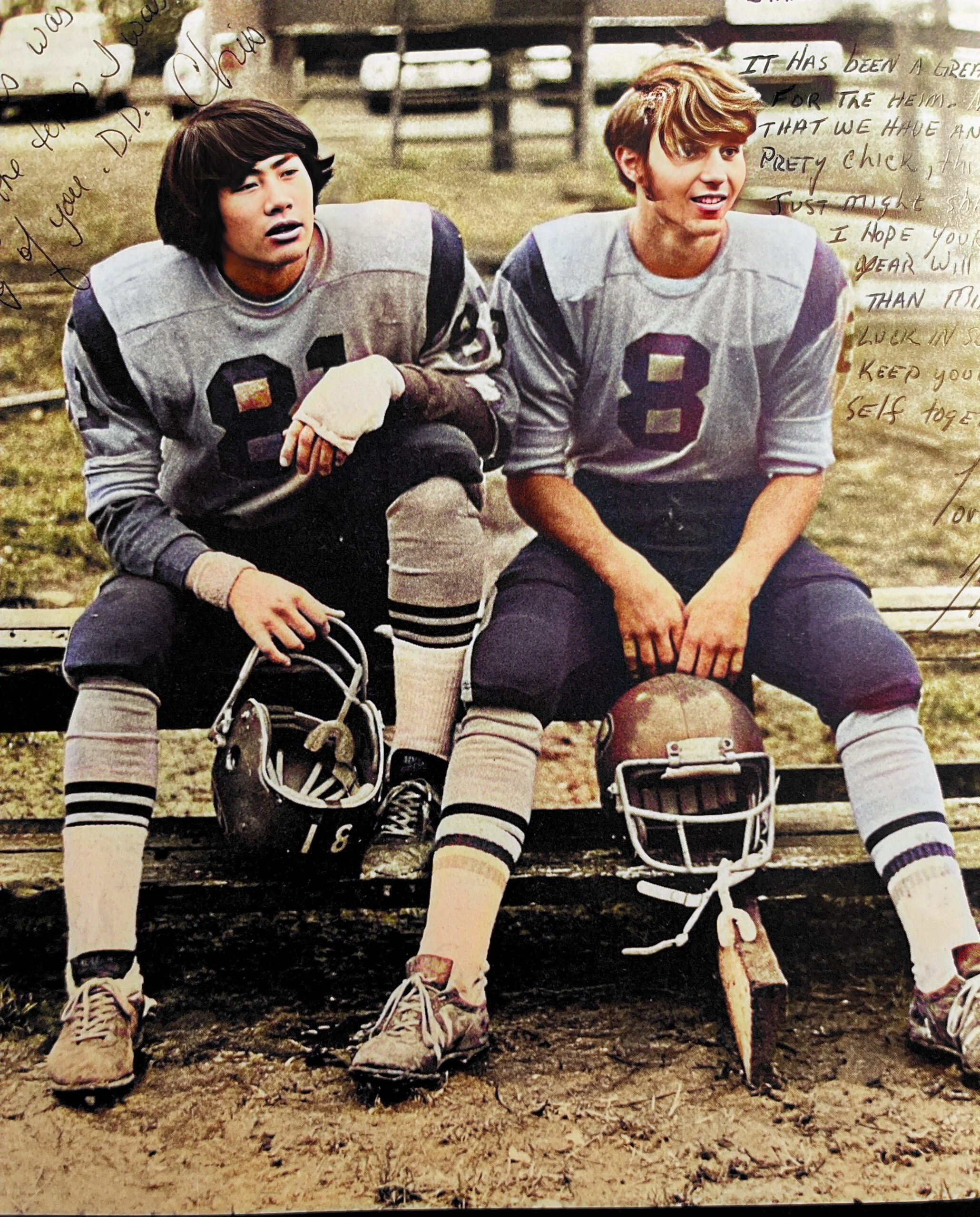 Varsity Football Co-Captains Crhis Corpus (Left) and Jeff Wing (Right) for Mannheim American High School.

Part of autobiography of Dr. Anthony J. Carbone, Son in the Shadow of a Green Beret Hero.