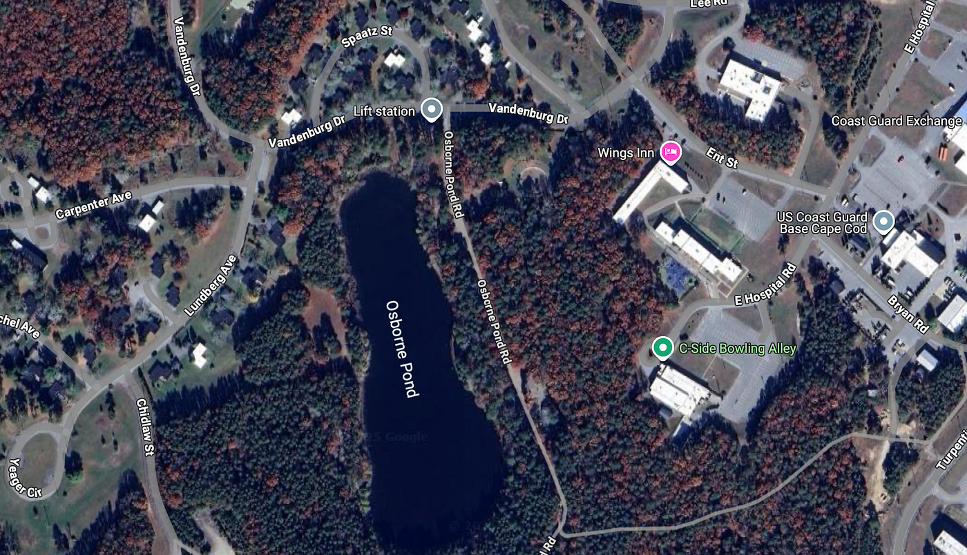 Satellite view of Otis Air Force Base on Cape Cod showing Spaatz Street (where we lived when my father was in Vietnam) and Osborne Pond where four of my 4th grade classmates drowned after falling through the ice.

Part of the autobiography of Dr. Anthony J. Carbone, Son in the Shadow of a Green Beret Hero.
