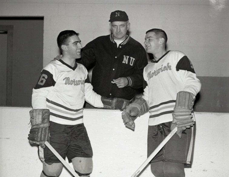 Norwich University Cadet Hockey Players and the Hockey Coach.
Part of the autobiography of Dr. Anthony J. Carbone, Son in the Shadow of a Green Beret Hero.
