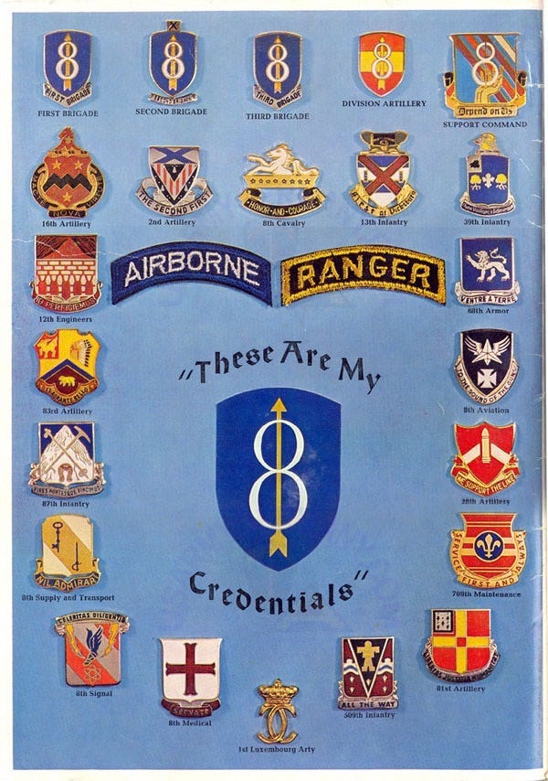 8th Infantry Division “Pathfinders” Headquartered in Bad Kreuznach, Germany

Part of the autobiography of Dr. Anthony J. Carbone, Son in the Shadow of a Green Beret Hero.