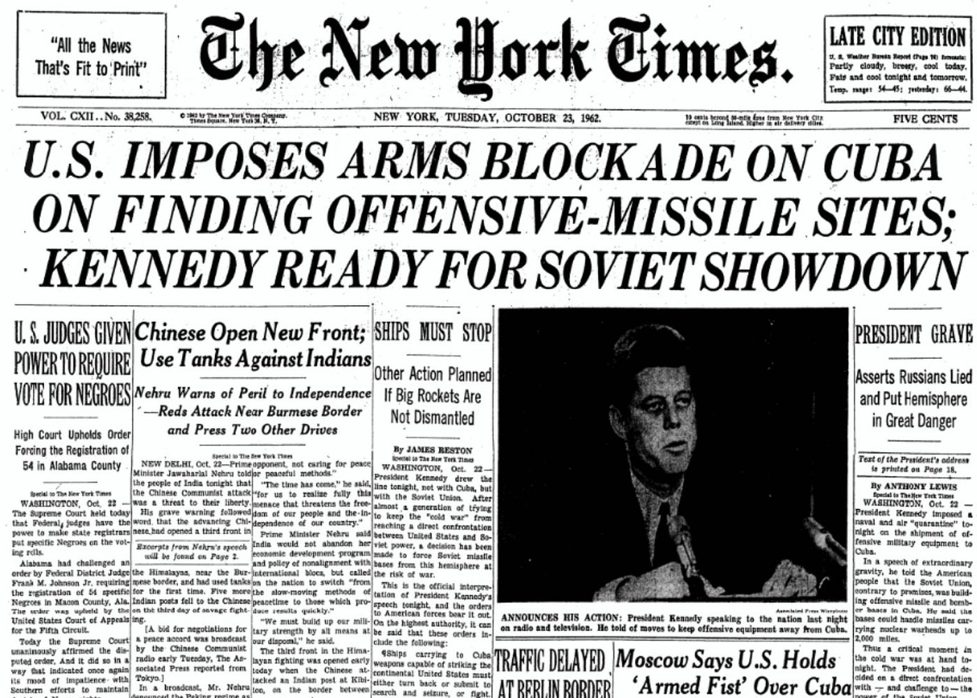 New York Times front page from October 23, 1962 with headline "U.S. Imposes Arms Blockade on Cuba on Finding Offensive-Missile Sites; Kennedy Ready for Soviet Showdown".  Photo of President John F. Kennedy.
Dr. Carbone’s Autobiography: A Son in the Shadow of a Green Beret Hero