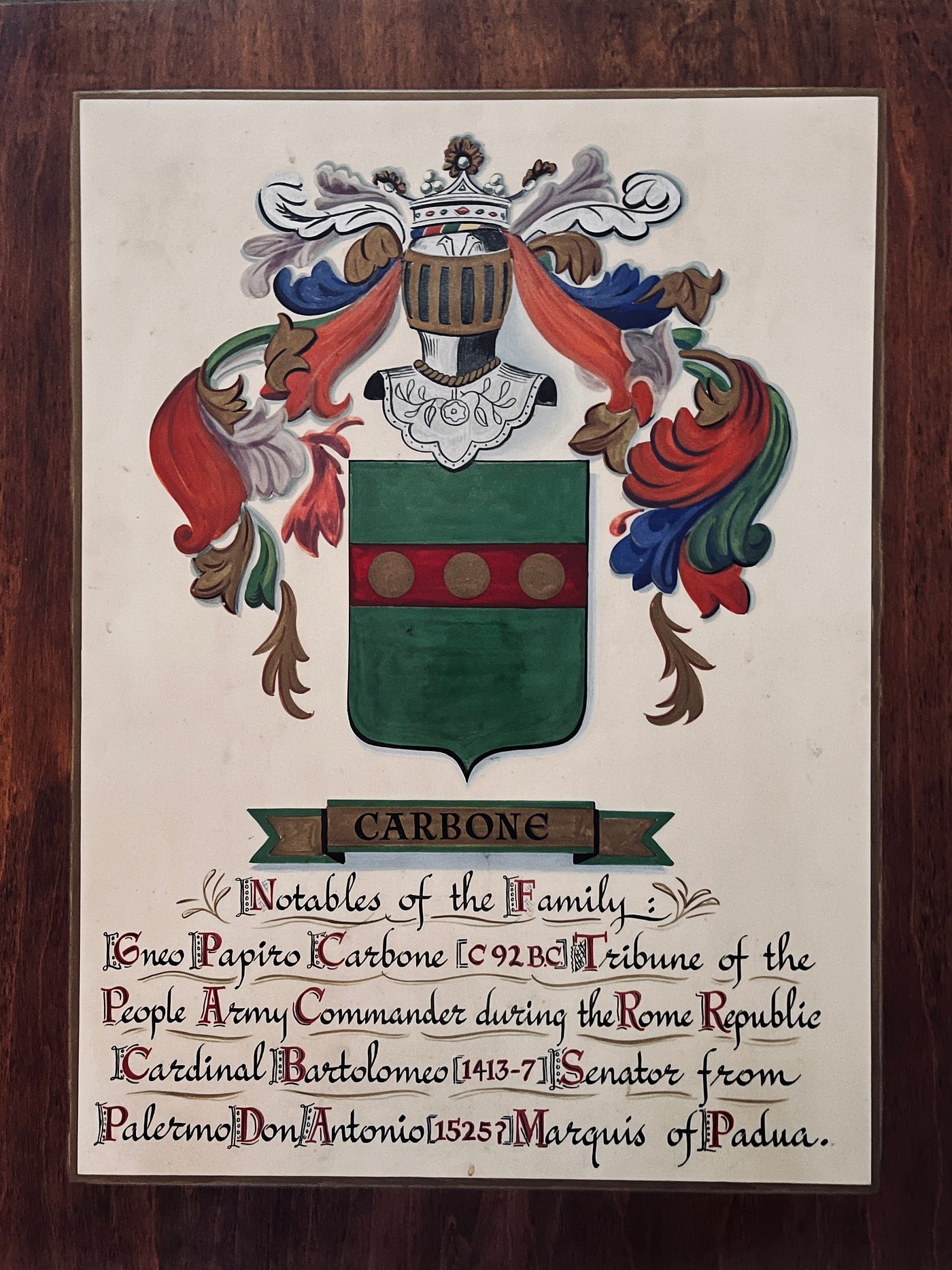 Carbone Family Coat of Arms displaying notables such as the Marquis of Padua, a Cardinal, a Senator, and a Tribune of the Roman Republic Army. Military tribunes were among the most senior officers in a legion. They were responsible for leading troops, maintaining discipline, and ensuring the soldiers’ welfare. They were often young men from the equestrian or senatorial classes (wealthy and influential families) who sought military experience. This position served as a stepping stone.
Dr. Anthony Carbone's Autobiography: Chapter 1 The Tailors' Legacy