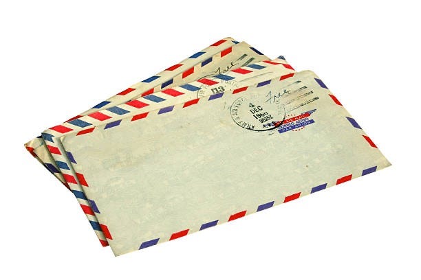 Red, White, & Blue striped envelopes used to send Air Mail.
Part of the autobiography of Dr. Anthony J. Carbone, Son in the Shadow of a Green Beret Hero.