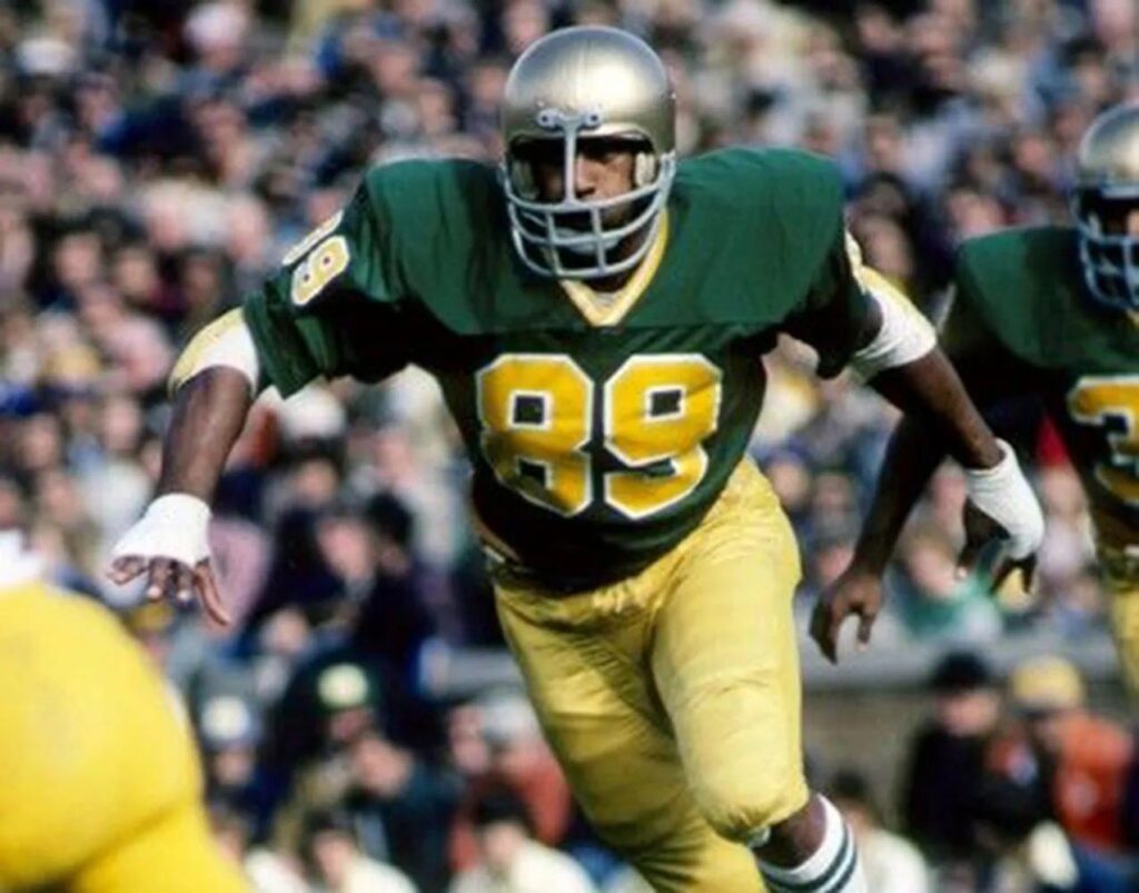 Ross Browner #89 of the Fighting Irish football team.  Biography of Dr. Anthony J. Carbone.