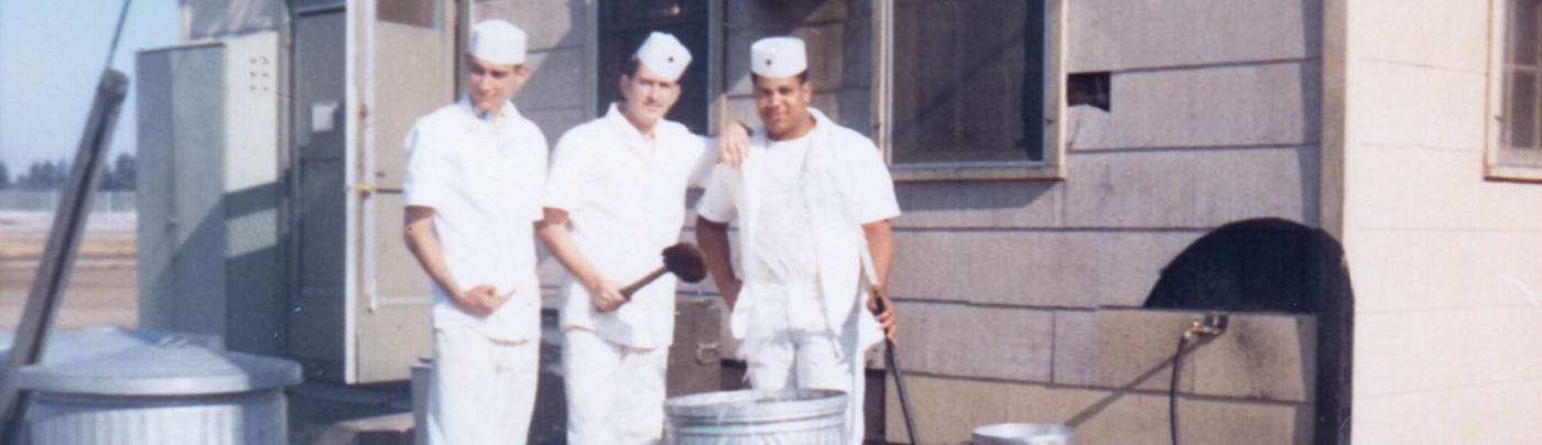Army cooks outside a U.S. Army mess hall.

Part of the autobiography of Dr. Anthony J. Carbone, Son in the Shadow of a Green Beret Hero.