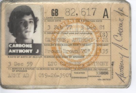 My military dependent ID card from my senior year at Bad Kreuznach.  Autobiography of Dr. Anthony J. Carbone.