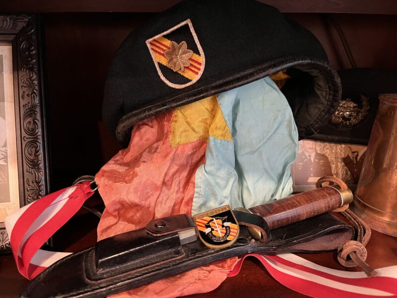 Green Beret with 5th SF Vietnam Flash with Viet Cong Flag and MACV-SOG Knife. Autobiography of Dr. Anthony J. Carbone.