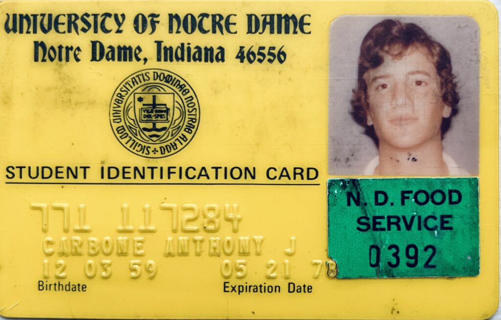 Identification Card for University of Notre Dame #771117284.  Autobiography of Dr. Anthony J. Carbone.