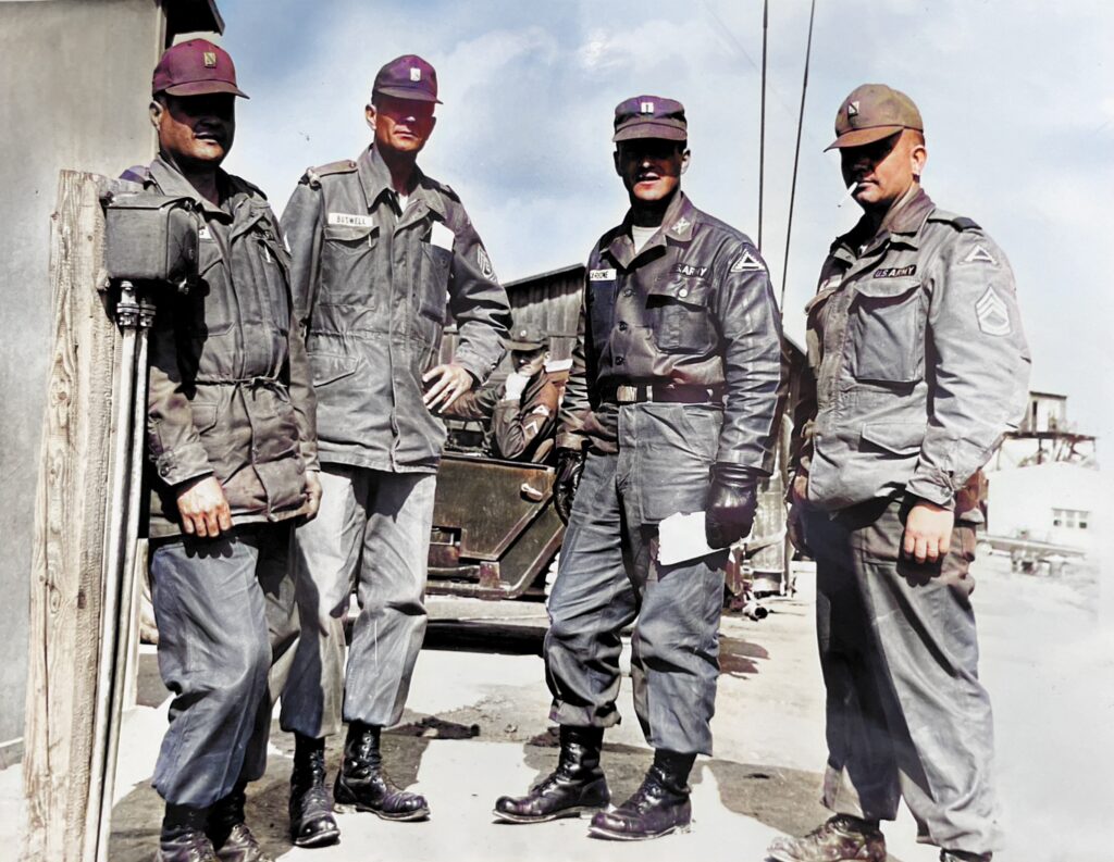 My father, CPT Tony Carbone (center) with First Sergeant (left) and jeep driver (background). This is the same jeep and driver who used to pick up my father at our home on the economy and drive his to and from Downs Barracks where his cavalry troop was located.  Autobiography of Anthony J. Carbone.