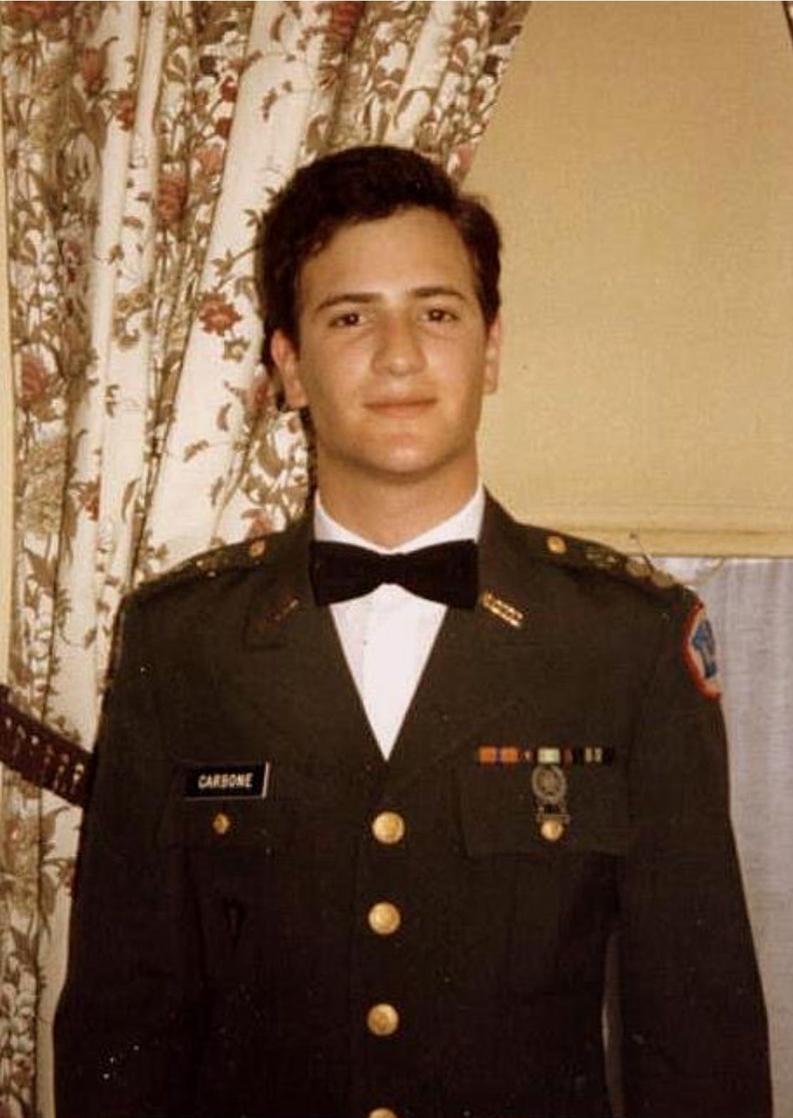 Army ROTC Cadet Lieutenant Anthony J. Carbone in dress uniform with ribbons and Expert Marksmanship Badge.