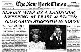 New York Times front page "Reagan Wins By A Landslide, Sweeping at Least 48 States; GOP Gains Strength in House."  Biography of Dr. Anthony J. Carbone.
