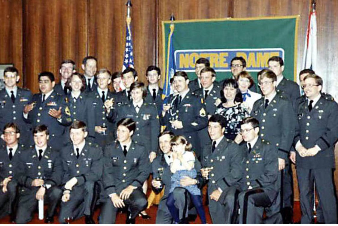 Newly commissioined U.S. Army Second Lieutenants from Notre Dame Army ROTC (May 16, 1981). I am in the back row between the American flag and Notre Dame banner. Biography of Dr. Anthony J. Carbone.