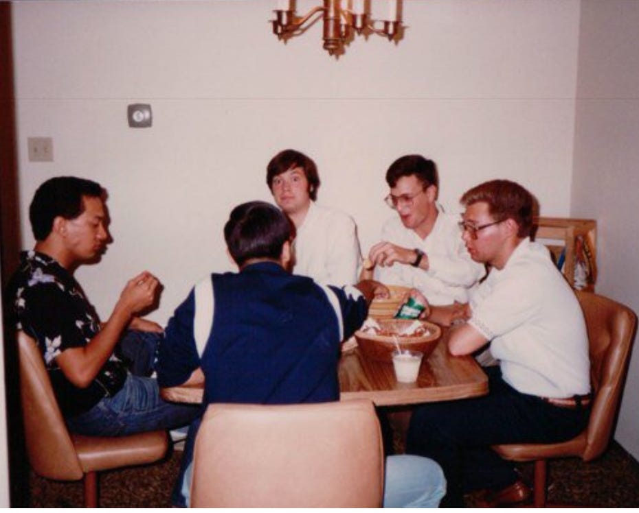 Fisher Hall gang at small dinner table.  Anthony J. Carbone with Andy Cordes and Scott Olds.  