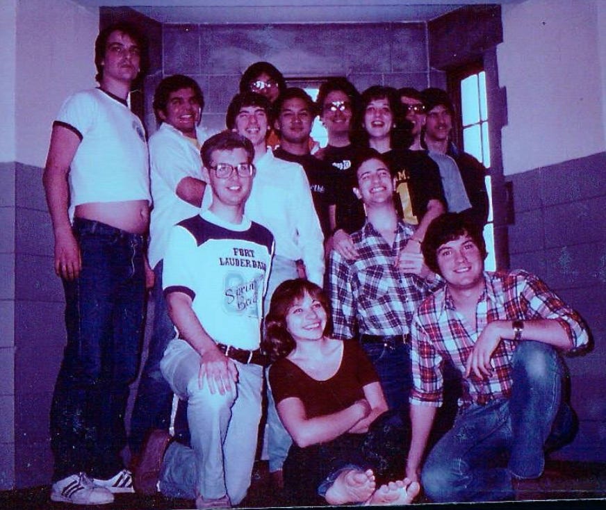 Group photo of Fisher Hall Gang at University of Notre Dame.  Anthony Carbone with Mariann Schmitz.  Andy and Ginger Cordes.
