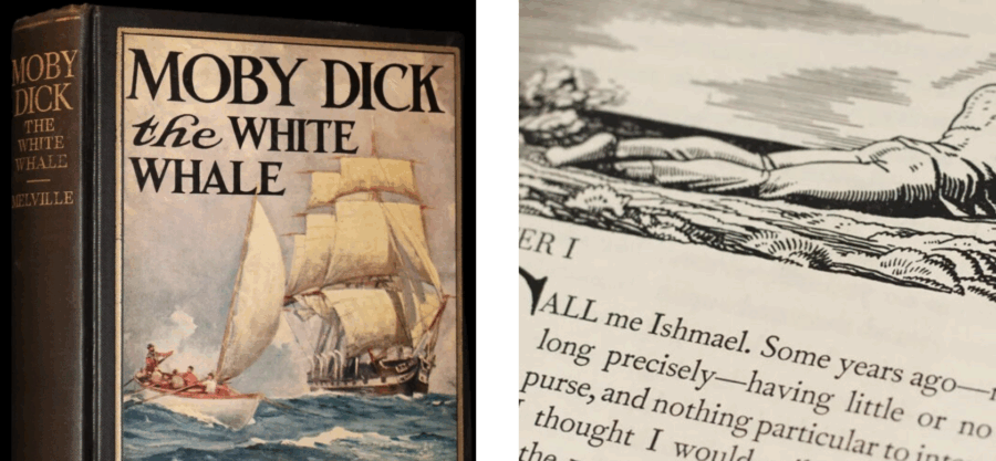 Copy of Moby Dick by Herman Melville and first page showing first line "Call me Ishmael". Part of autobiography of Dr. Anthony J. Cabone.