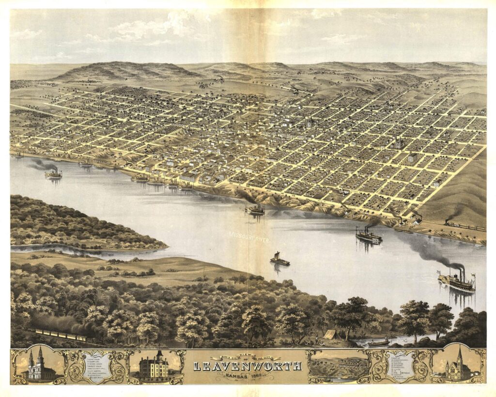 1869 map of Fort Leavenworth, Kansas.  With Missouri River and banks of Kansas and Missouri.  Biography of Dr. Anthony J. Carbone.