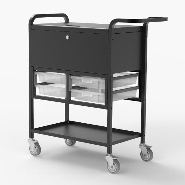 Photograph of rolling mail cart.  Autobiography of Dr. Anthony J. Carbone.