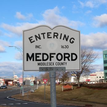 Sign of Entering Medford in Middlesex County, Massachusetts.  Autobiography of Dr. Anthony J. Carbone.