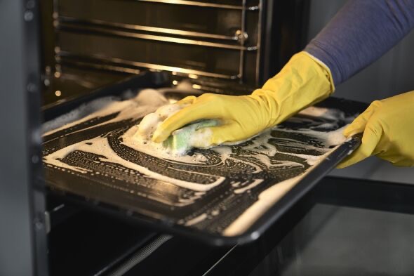 Photograph of someone scrubbing an oven with a sponge while wearing rubber gloves.  Autobiography of Dr. Anthony J. Carbone.