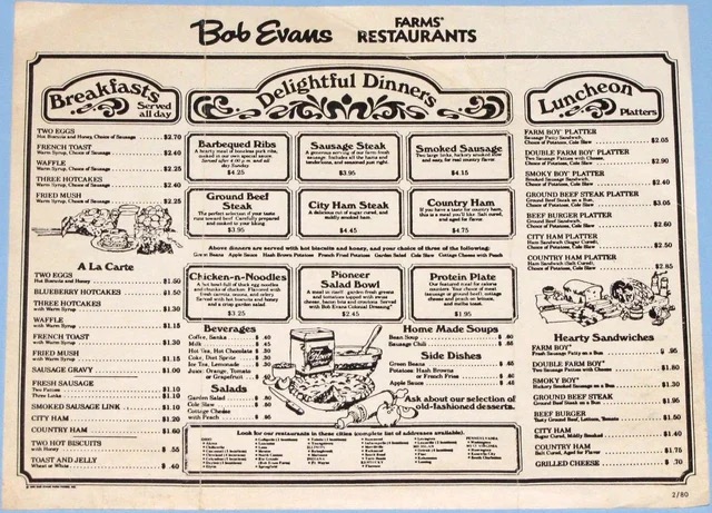 Menu from Bob Evans restaurant circa 1980.  Autobiography of Dr. Anthony J. Carbone