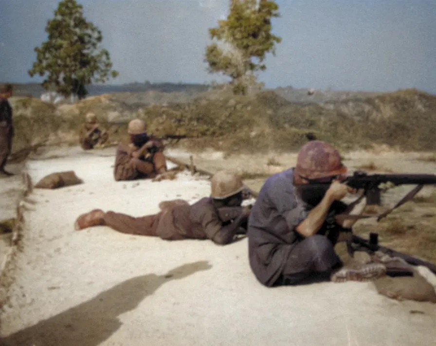 Soldiers in fatigues circa 1970s firing M16A1 rifles on a firing range.  Biography of Dr. Anthony J. Carbone.