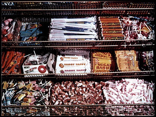 Photograph of penny candy in a store circa 1970s.  Autobiography of Dr. Anthony J. Carbone.