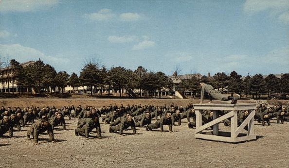 U.S. Army ROTC Cadets performing Physical Training (PT) in the Front Leaning Rest position doing push-ups.  Biography of Dr. Anthony J. Carbone.
