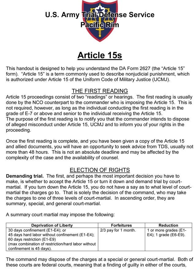 U.S. Army Trial Defense Service document on Article 15s.  Biography of Dr. Anthony J. Carbone.