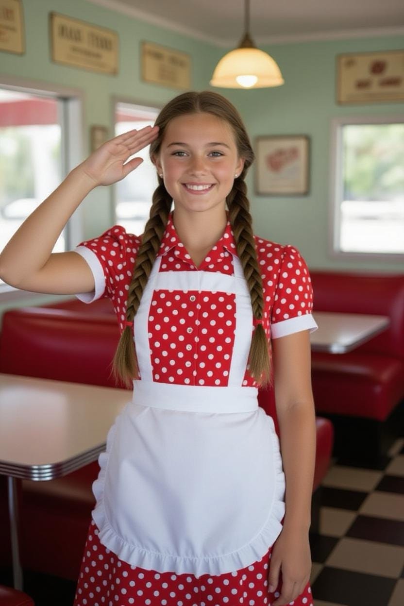 Young teen girl wearing a read dress with white polkadots and a white apron saluting. Biography of Dr. Anthony J. Carbone.