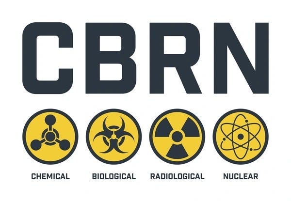 Sign that says “CBRN” with 4 circles of symbols for “Chemical, Biological, Radiological, and Nuclear”. Biography of Dr. Anthony J. Carbone.