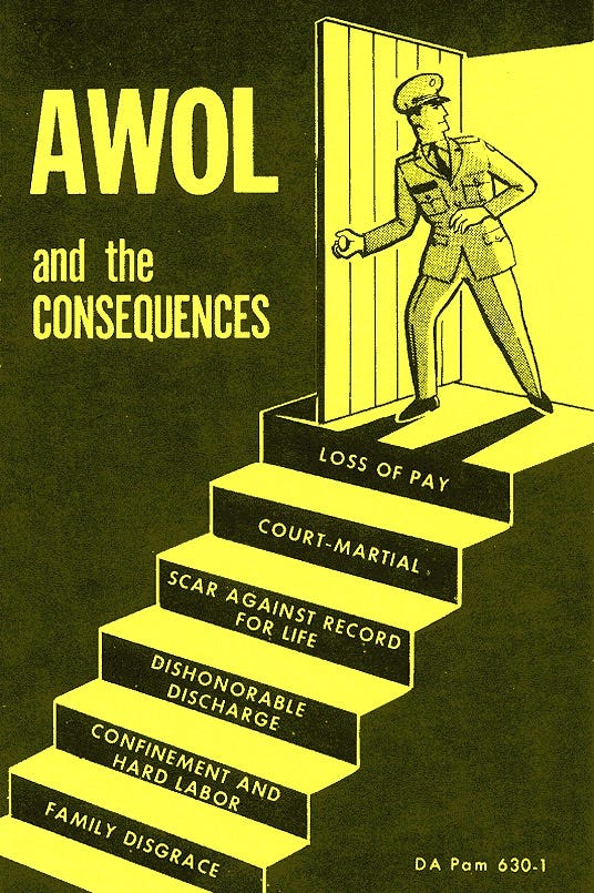 Army poster entitled "AWOL and the Consequences".  Biography of Dr. Anthony J. Carbone.