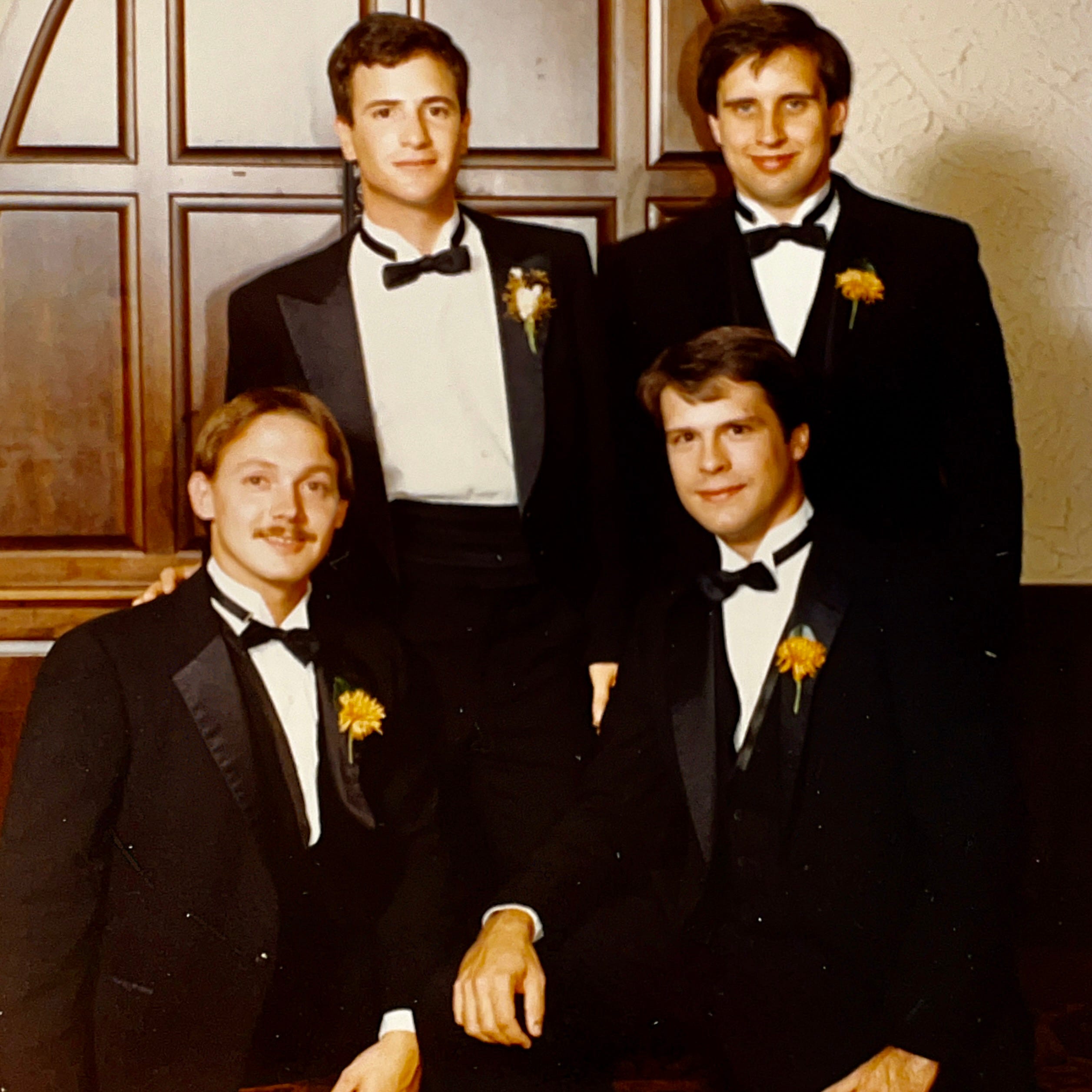 Groom with his 3 ushers:  Jeff Bell, Chris Brown, and Mark Sanchez.  Biography of Dr. Anthony J. Carbone.  30 October 1982.