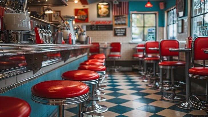 Classic diner with counter and long line of red leather covered stools and checkered floor. Biography of Dr. Anthony J. Carbone.