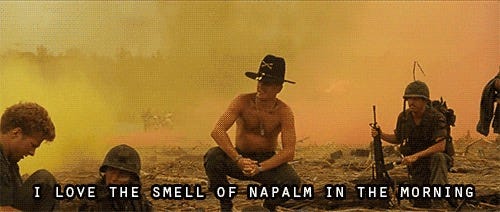 Seen from the movie Apocolypse Now with the cavalry colonel barechested and wearing a cavalry officers hat surrouned by soldiers in a cloud of yellow smoke. With the words “I love the smell of Napalm in the morning.” Biography of Dr. Anthony J. Carbone.