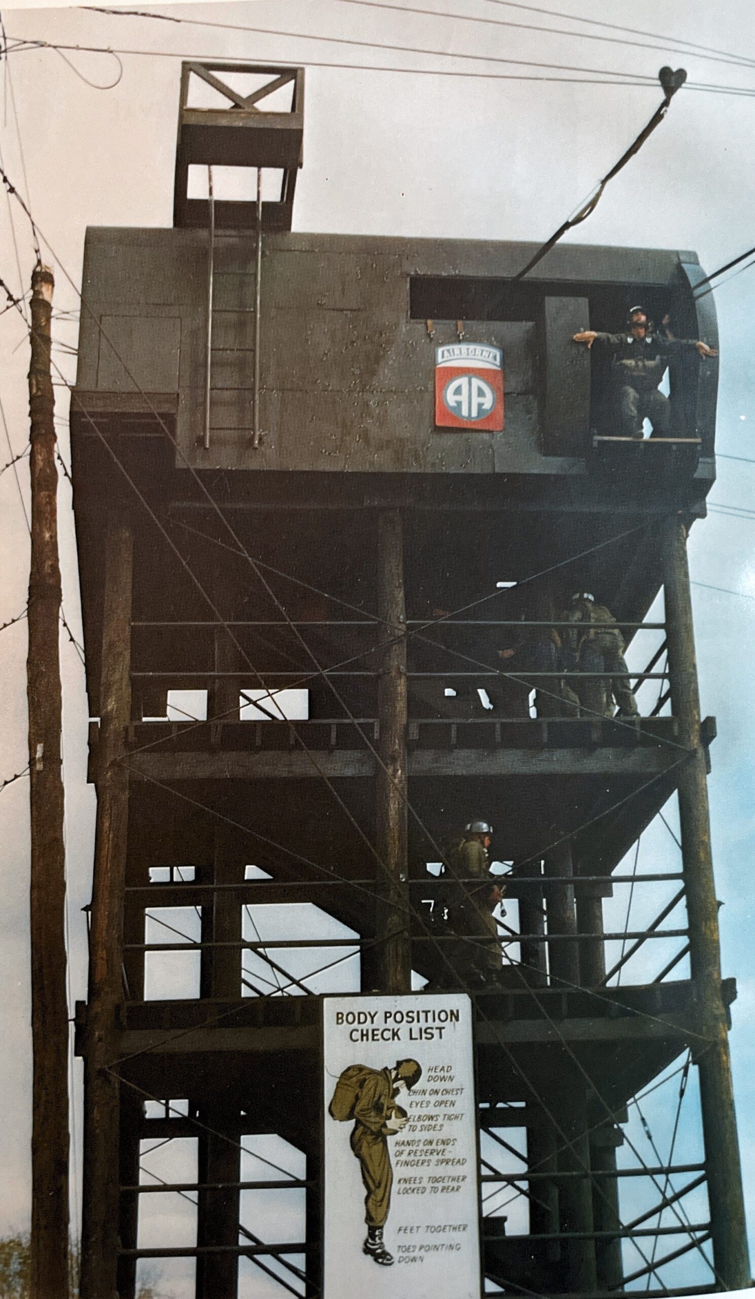34-Foot Tower with Poster showing Airborne Body Position Check List.  U.S. Army Airborne School at Fort Benning, Georgia.  Biography of Dr. Anthony J. Carbone.