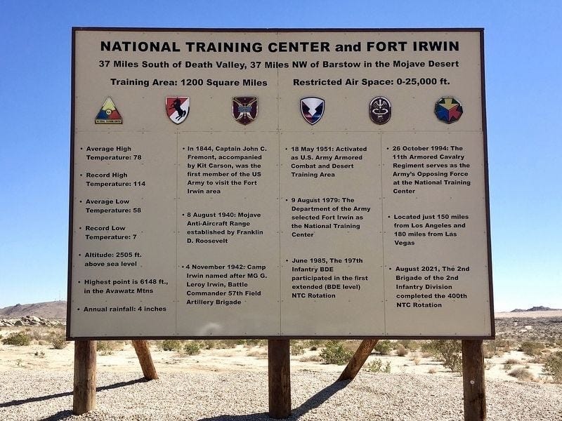 National Training Center and Fort Irwin welcome sign with tenant units and facts about the post.  Biography of Dr. Anthony J. Carbone.