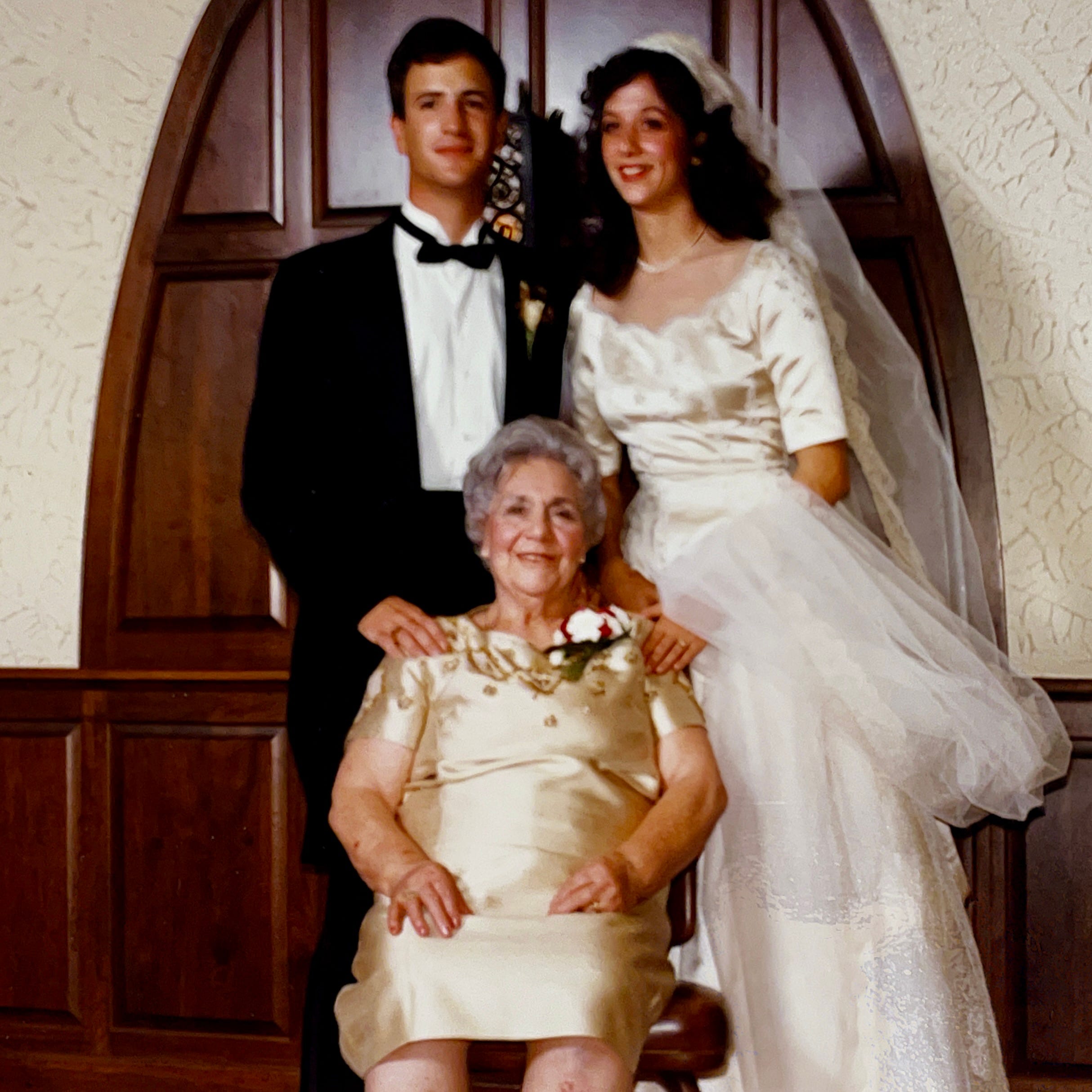 Bride (Mariann) and groom (Anthony Carbone) with Anthony's maternal grandmother, Nana Pietrantoni.