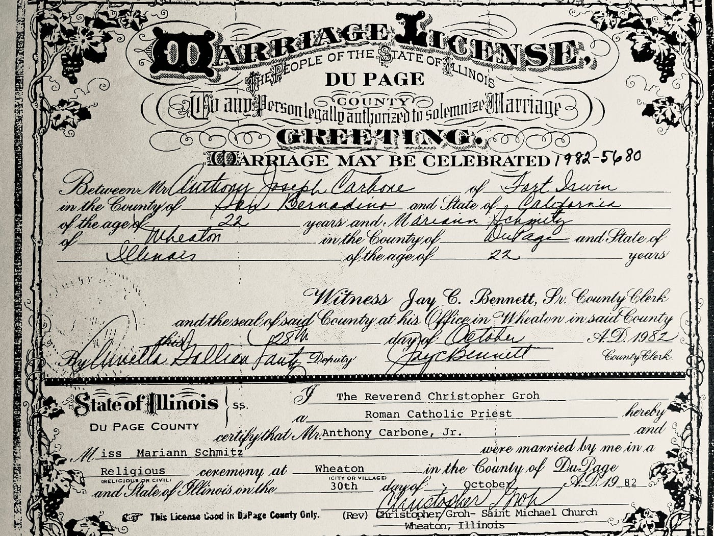 Our Marriage License from DuPage County, Illinois dated October 30, 1982.  Biography of Dr. Anthony J. Carbone.