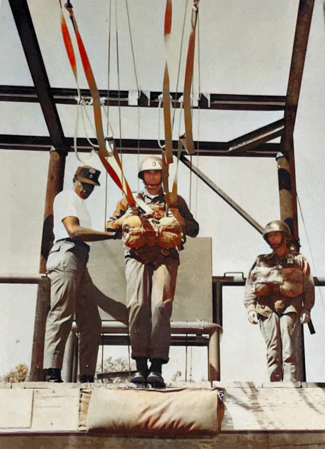 Parachute Landing Fall (PLF) training on the Sling-Land-Trainer at the U.S. Army Airborne School, Fort Benning, Georgia.  Biography of Dr. Anthony J. Carbone.