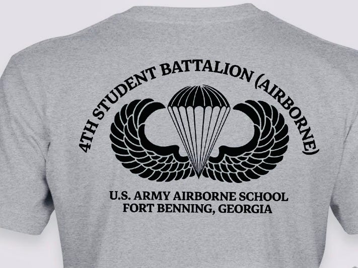 T-shirt with "4th Student Battalion (Airborne) U.S. Army Airborne School, Fort Benning, Georgia."   Biography of Dr. Anthony J. Carbone