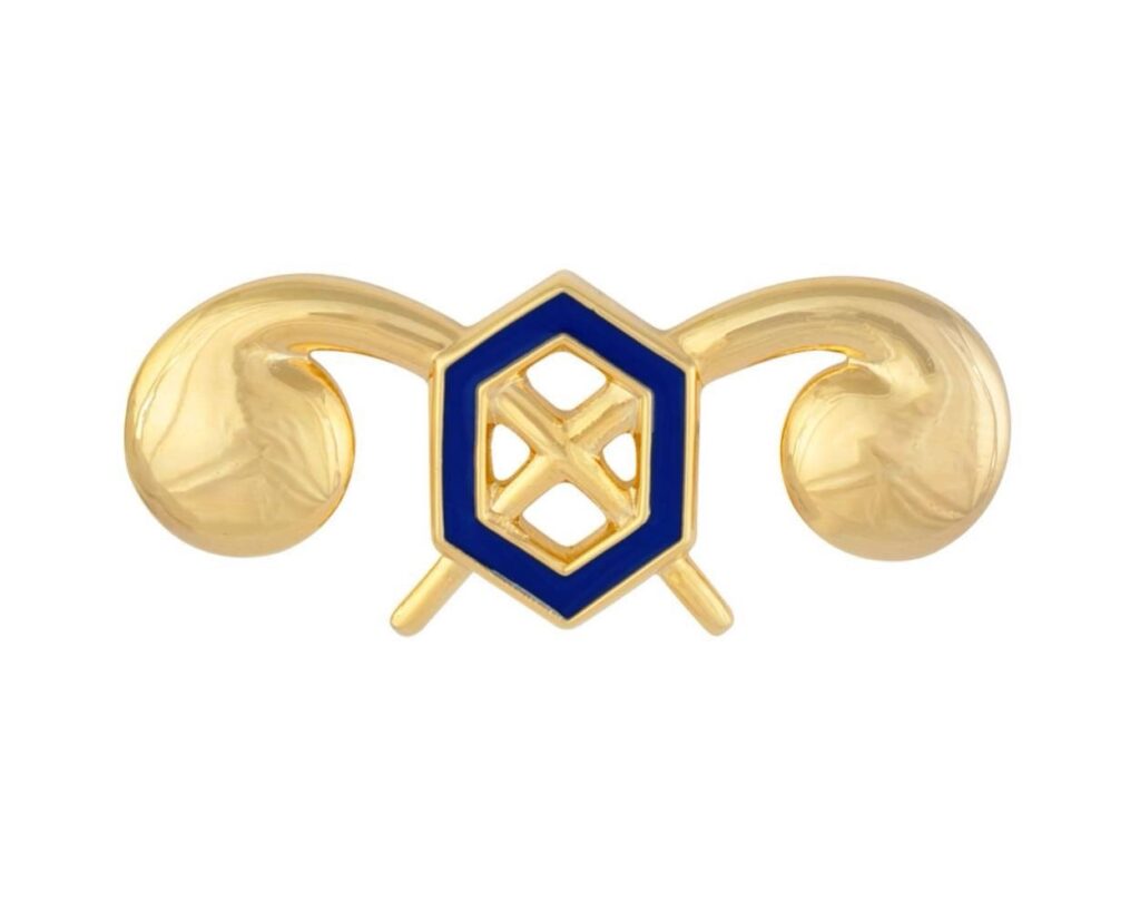 U.S. Army Chemical Corps Officer Branch insignia with two gold retorts and a cobalt blue benzene ring in the center.  Biography of Dr. Anthony J. Carbone.