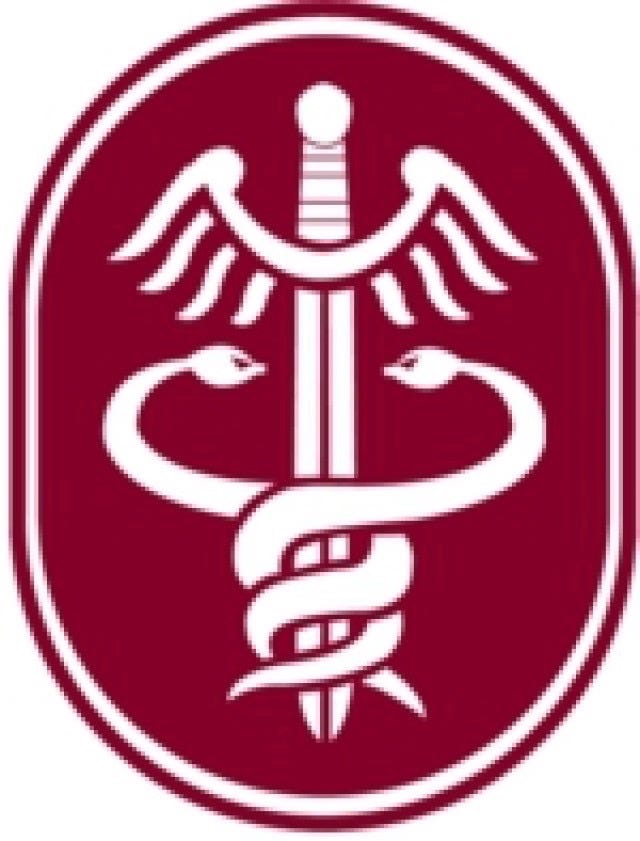 Unit patch for U.S. Army MEDDAC units.  Maroon patch with white sword with wings and wrapped by two snakes.  Biography of Dr. Anthony J. Carbone.