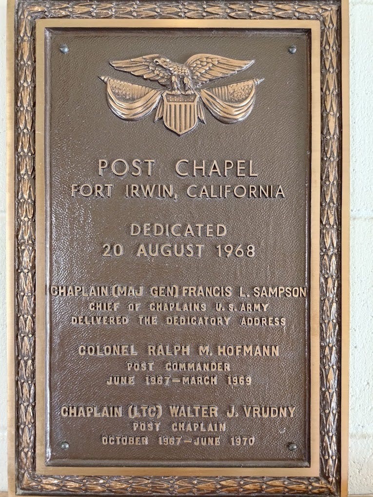 Dedication plaque for Post Chapel, Fort Irwin, California on 20 August 1968.  Biography of Dr. Anthony J. Carbone.